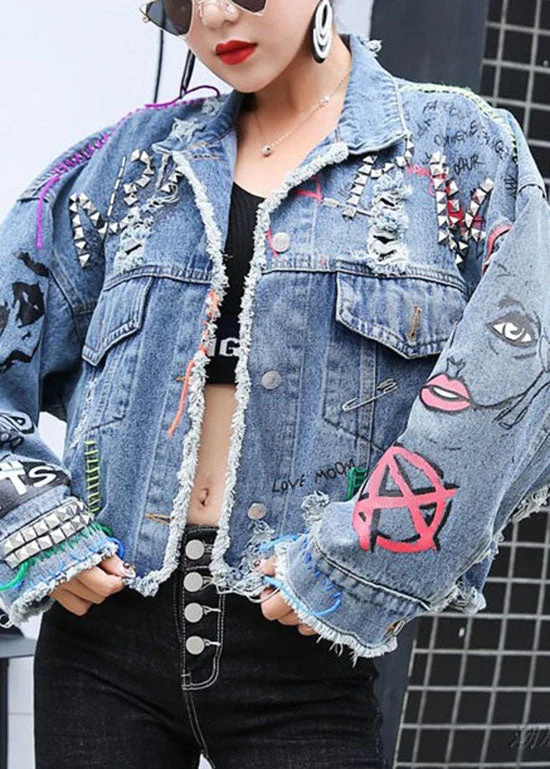 Women's Windbreaker CoatsChic Blue Peter Pan Collar Print Rivet Patchwork Denim Coats Spring