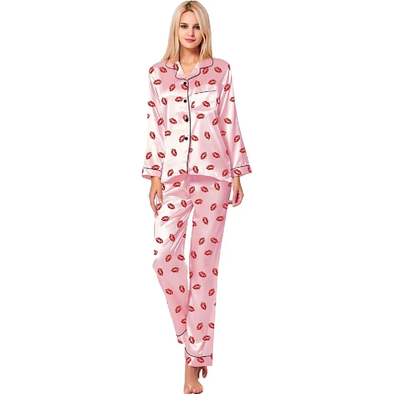 women's pajamas with a whimsical charmElegant Long Sleeve Printed Satin Pajama Set