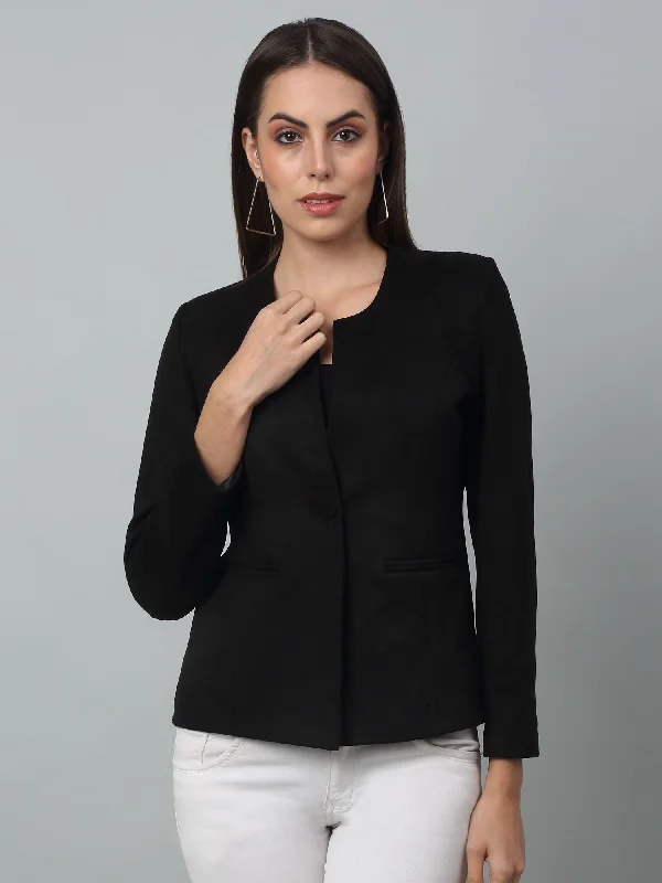 Women's Coats with PocketsWomen's   Black Single breasted  Round neck  Blazer