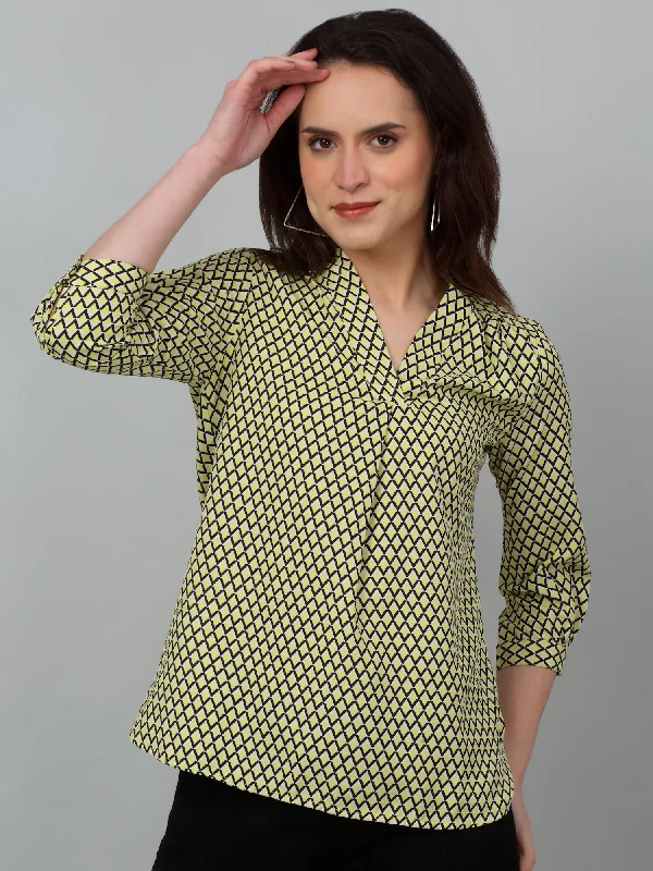 Women's Coats with BeltWomen's Casual  Green Geometric Print V neck Top