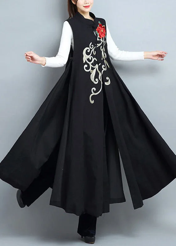 Women's Coats with HoodChic Black Embroideried Side Open Patchwork Cotton Long Waistcoat Sleeveless