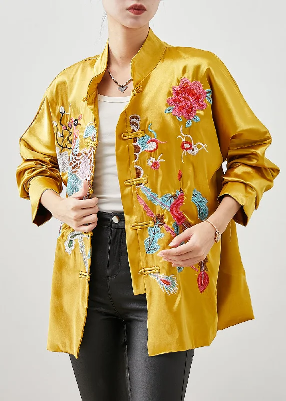 Women's Coats with Fur Trimmed ZipperChinese Style Yellow Embroideried Silk Jackets Spring