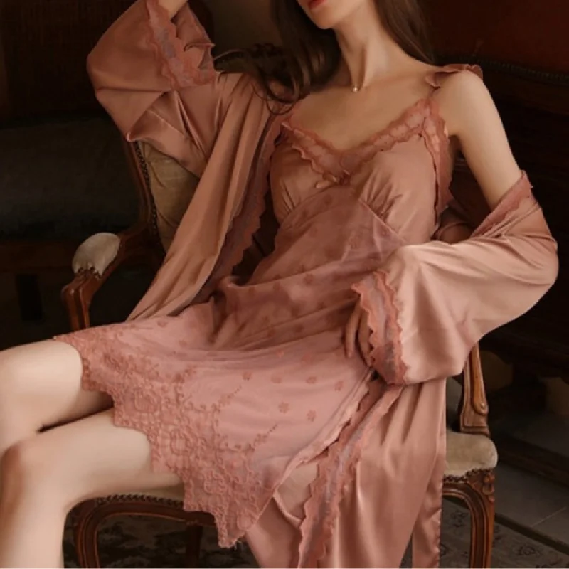 women's pajamas for those who love to indulgeElegant Lace Trim Robe with Nightdress Set