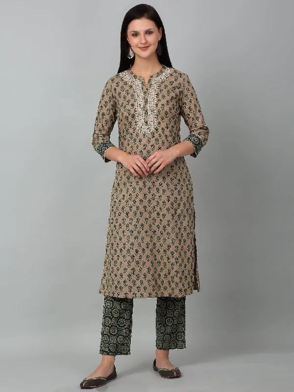 Women's Coats with Fur TrimmedWomen's Casual  Green Printed & Embroidered Palazzo Set