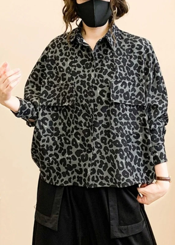 Women's Coats with Fur Trimmed SleevesChic Grey Leopard Print Button Patchwork Cotton Coat Fall