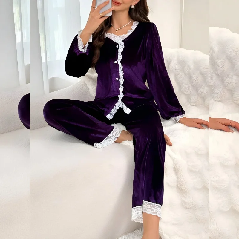 women's pajamas for lounging2-Piece Lacy Shirt & Trouser Set