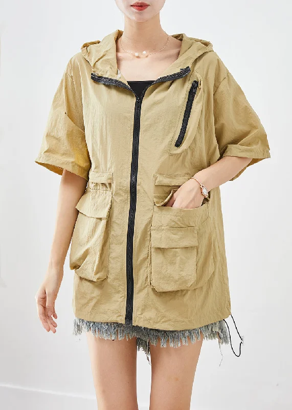 Women's Coats with Fur Trimmed SleevesClassy Khaki Zip Up Pockets UPF 50+ Coat Jacket Summer