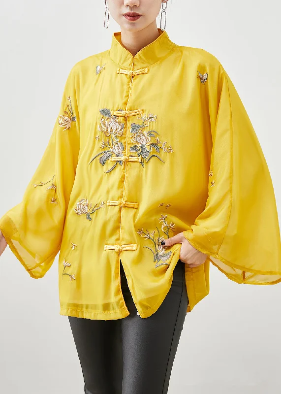 Women's Coats with Fur Trimmed ButtonsChinese Style Yellow Embroideried Silk Jackets Fall