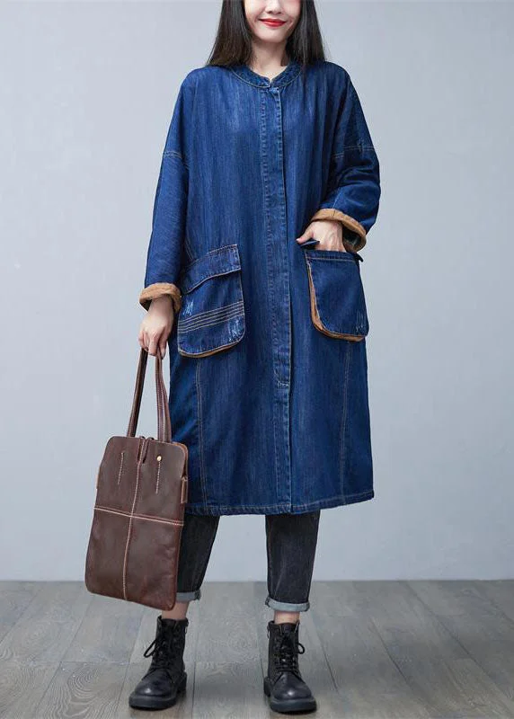 Women's Coats with SleevesClassy Blue Stand Collar Oversized Pockets Cotton Denim Trench Coat Spring