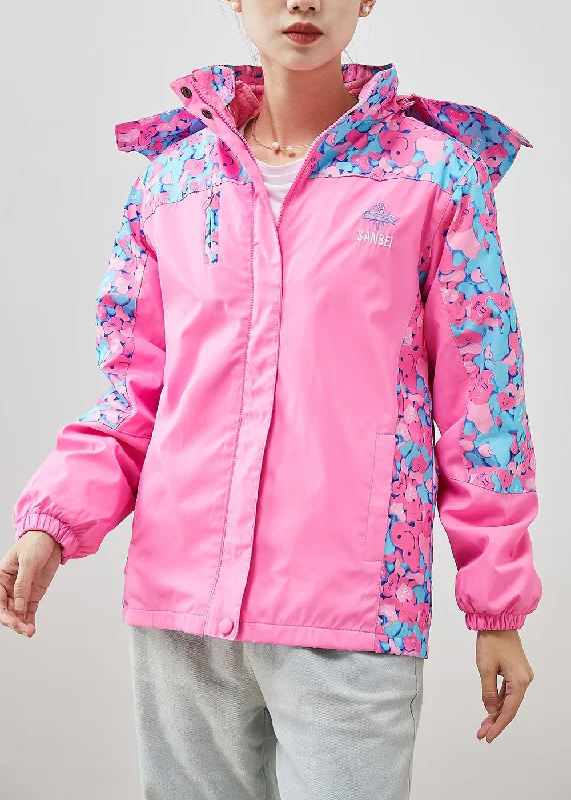 Women's Coats with ButtonsChic Pink Hooded Patchwork Print Spandex Coat Outwear Fall