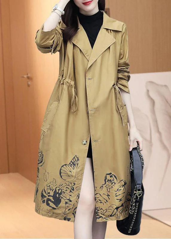 Women's Button-Up CoatsClassy Khaki Notched Print Drawstring Trench Coats Fall