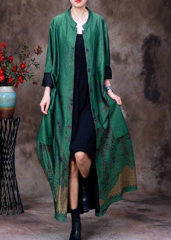 Women's Blazer CoatsChic Green Stand Collar Pockets Print Silk Trench Coats Long Sleeve