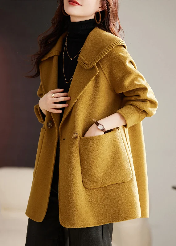 Women's Anorak CoatsClassy Yellow Button Pockets Patchwork Wool Coat Long Sleeve