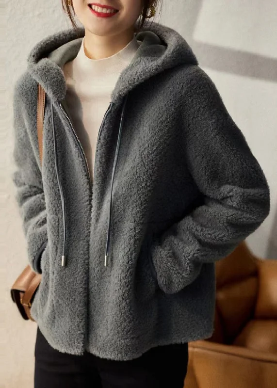 Women's Winter CoatsCasual Grey Hooded Pockets Patchwork Woolen Coats Winter