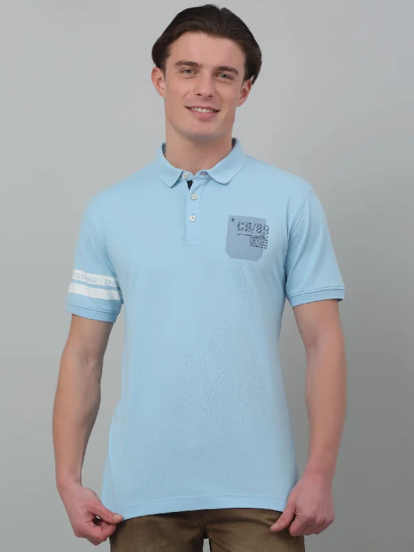 Women's Long CoatsMen's Light Blue Polo neck Half Sleeve T-Shirt with chest & sleeve print