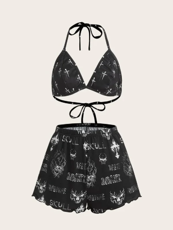 women's pajamas with a classic designGrunge Punk Letter Graphic Halter Shorts Set