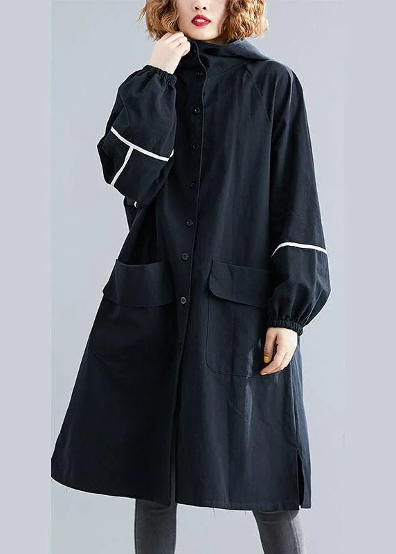 Women's Windbreaker CoatsClassy Black Button Pockets Loose Fall Long sleeve Hooded Coat