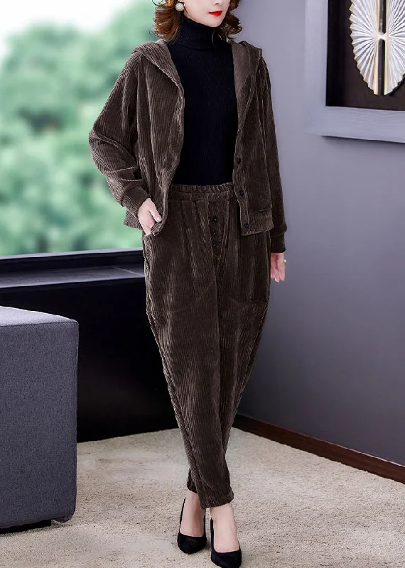 Women's Coats with Fur Trimmed PocketsCoffee Patchwork Hooded Corduroy Coats And Harem Pants Two Pieces Set Fall