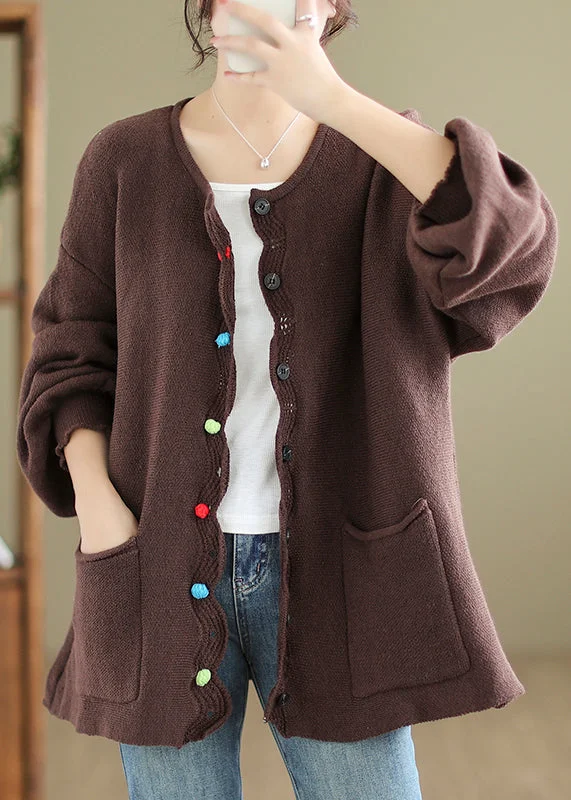 Women's Bomber CoatsCoffee Pockets Patchwork Cozy Knit Coats O Neck Fall