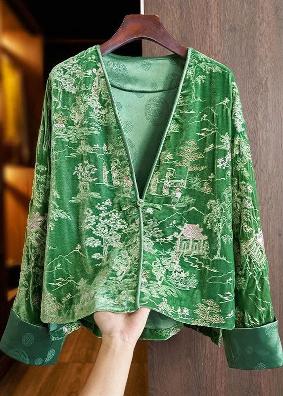 Women's Coats with CollarCasual Green V Neck Embroideried Button Silk Velour Coats Fall