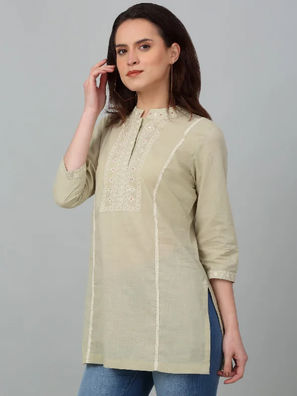 Women's Denim CoatsWomen's Band Collar Mintgreen Embroidered Short Length Kurti