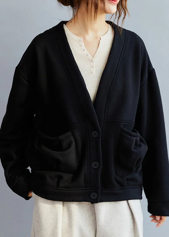 Women's Duffle CoatsChic Black V Neck Pockets Warm Fleece Coat Winter