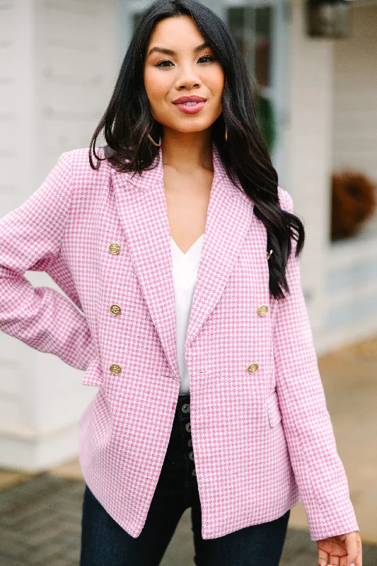 Women's Coats with Fur Trimmed HoodSee It Through Pink Houndstooth Blazer