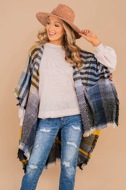 Women's Coats with PocketsOff To Silver City Red And Yellow Plaid Open Poncho