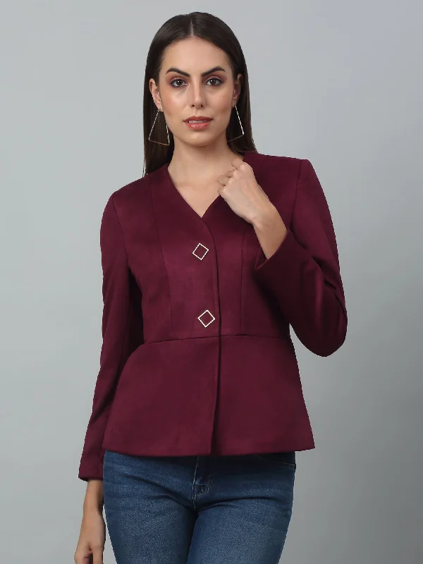 Women's Duffle CoatsWomen's   Wine Single breasted  V neck Blazer