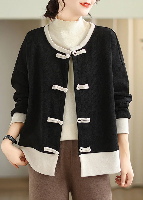 Women's Coats with Fur Trimmed ButtonsChinese Style Black O Neck Oriental Button Warm Fleece Coats Fall