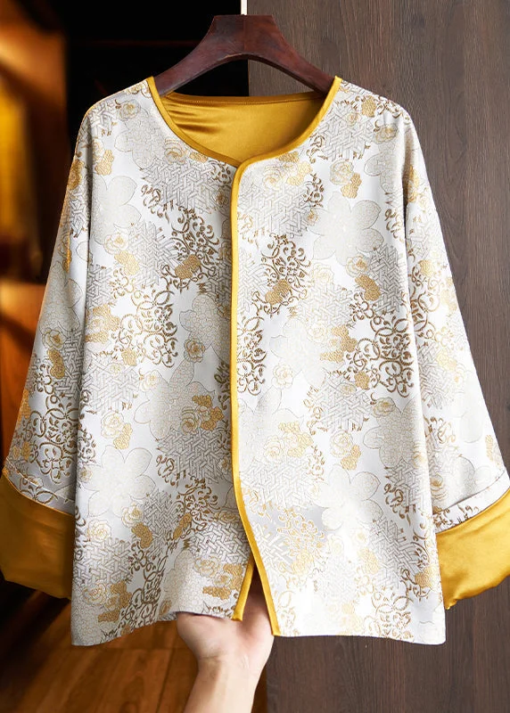 Women's Coats with PocketsChinese Style Yellow Jacquard Patchwork Loose Silk Coats Fall