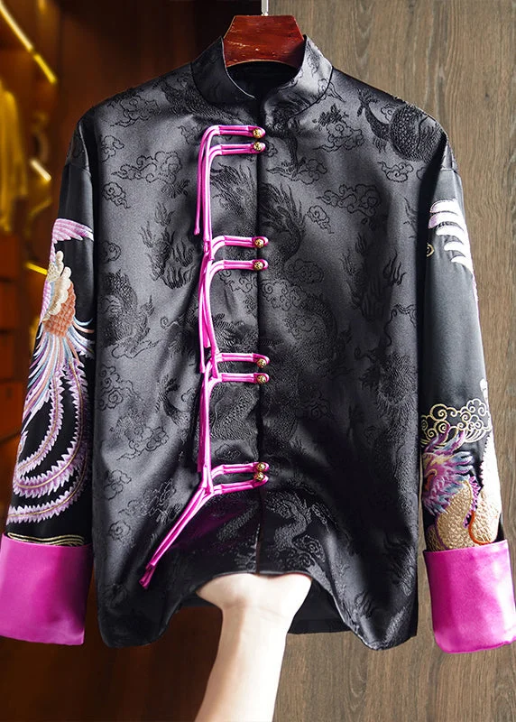 Women's Coats with ButtonsChinese Style Black Stand Collar Tasseled Embroideried Silk Coat Fall