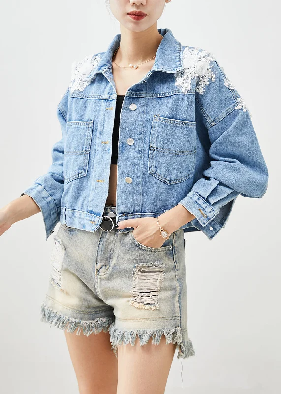 Women's Coats with Fur Trimmed ButtonsChic Blue Oversized Stereoscopic Floral Denim Coat Fall