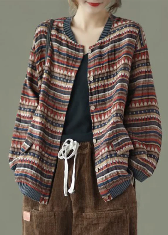 Women's Coats with Fur Trimmed SleevesCasual Coffee Striped Pockets Patchwork Cotton Coat Fall