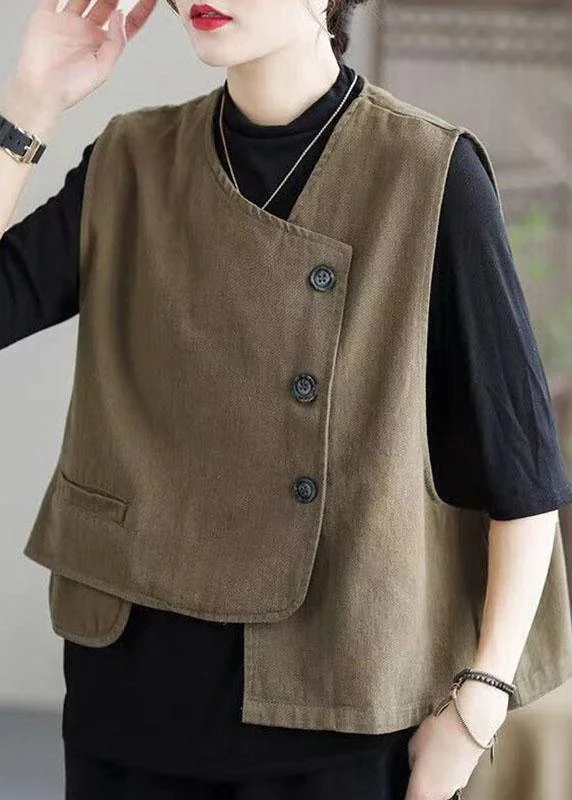 Women's Leather CoatsClassy Khaki retro Button asymmetrical design Fall Sleeveless waistcoat