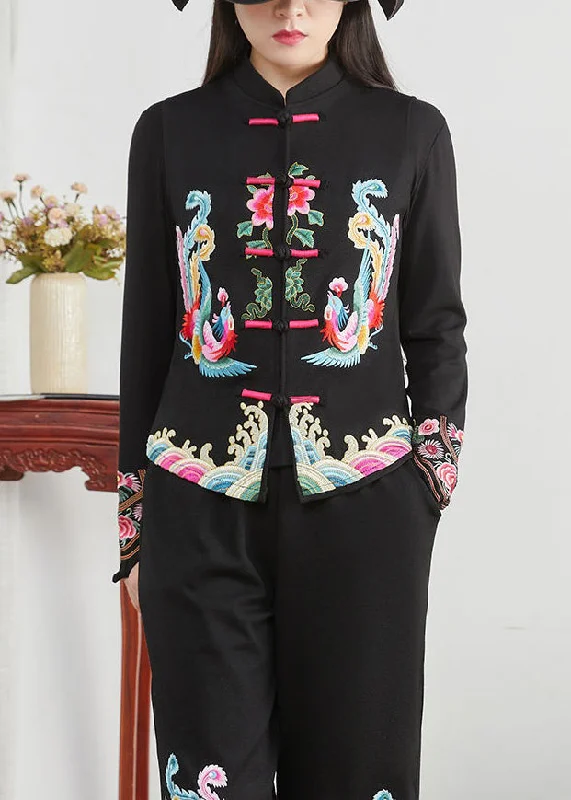 Women's Puffer CoatsChinese Style Black Stand Collar Embroideried Patchwork Cotton Waistcoat Sleeveless