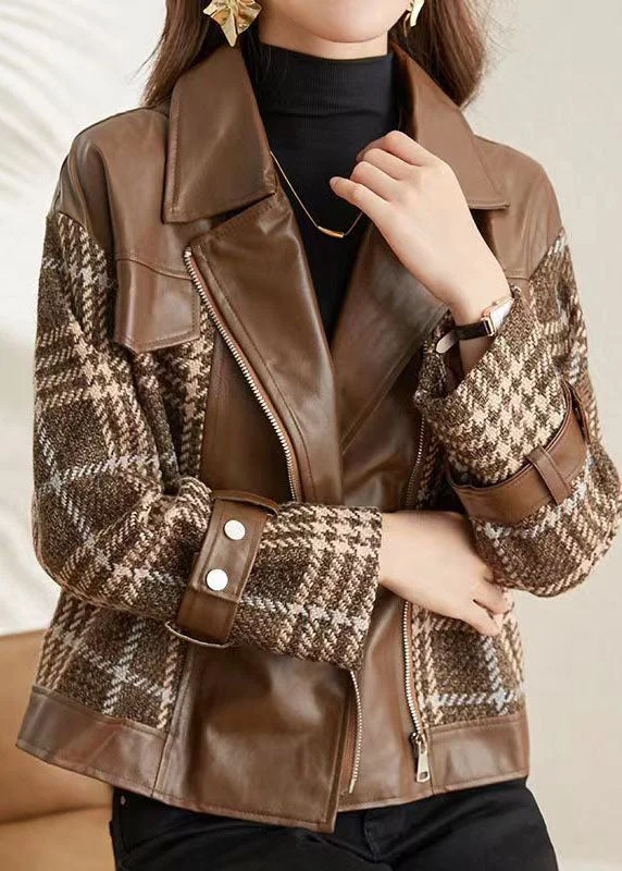 Women's Coats with Fur Trimmed ZipperCoffee Patchwork Faux Leather Jackets Peter Pan Collar Zippered Fall