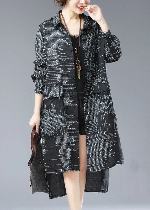 Women's Trench CoatsChic Black Peter Pan Collar Print Pockets Patchwork Cotton Long Coat Fall