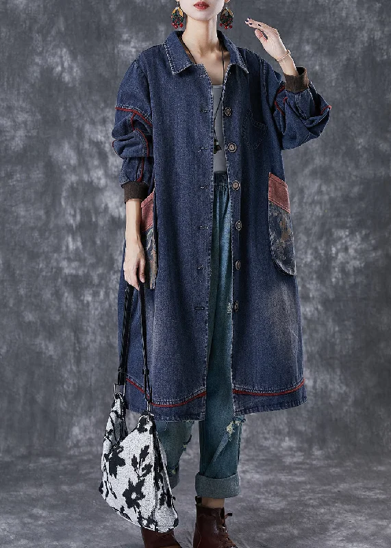 Women's Coats with Fur LiningClassy Navy Oversized Patchwork Pocket Cotton Coat Fall