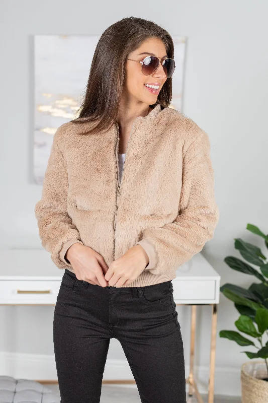 Women's Coats with Fur Trimmed ZipperOn Tempo Taupe Brown Faux Fur Bomber Jacket