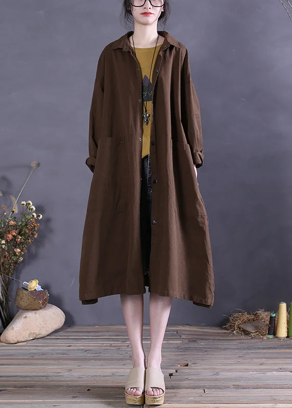 Women's Coats with BeltCoffee Colour Peter Pan Collar Pockets Cotton Trench Coats Long Sleeve