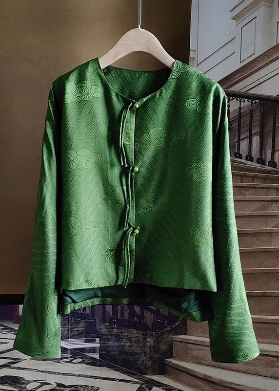 Women's Coats with Fur Trimmed CollarChinese Style Green Tasseled Button Jacquard Silk Coats Spring