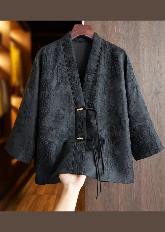 Women's Zip-Up CoatsChinese Style Black Tasseled Jacquard Patchwork Cotton Coats Fall