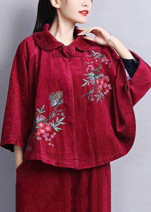 Women's Denim CoatsChic Mulberry Peter Pan Collar Embroideried Corduroy Coats Cloak Sleeves