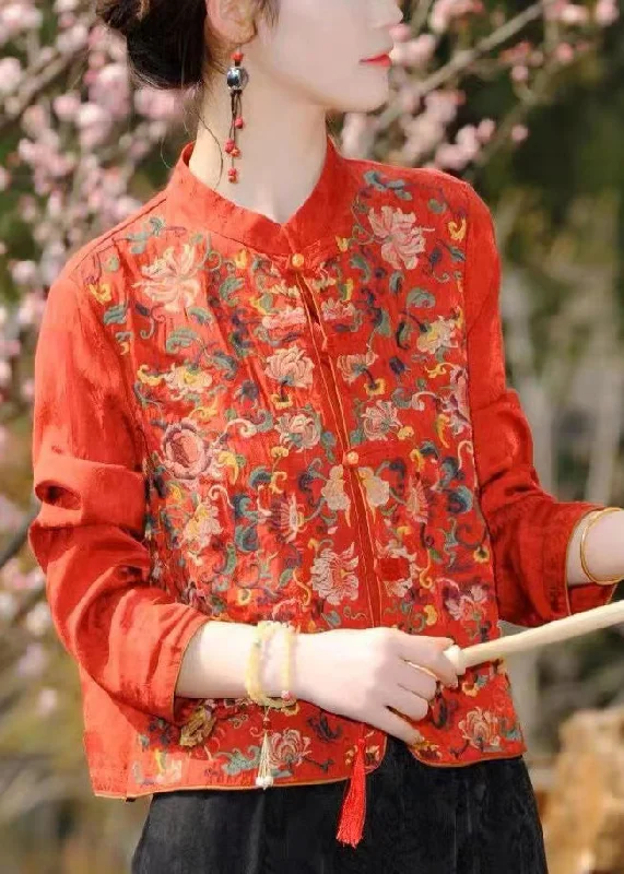 Women's Rain CoatsChinese Style Red Stand Collar Embroideried Patchwork Silk Coat Fall