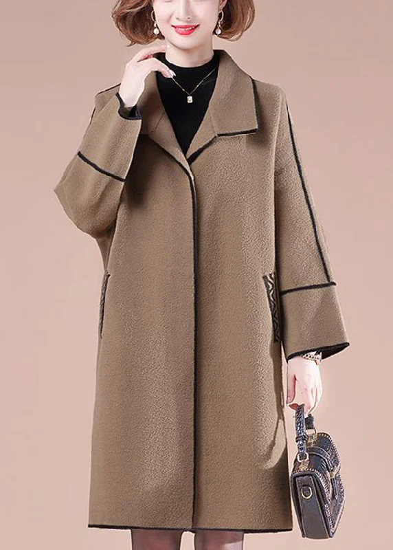 Women's Coats with Fur Trimmed ButtonsCoffee Patchwork Woolen Trench Coats Oversized Winter