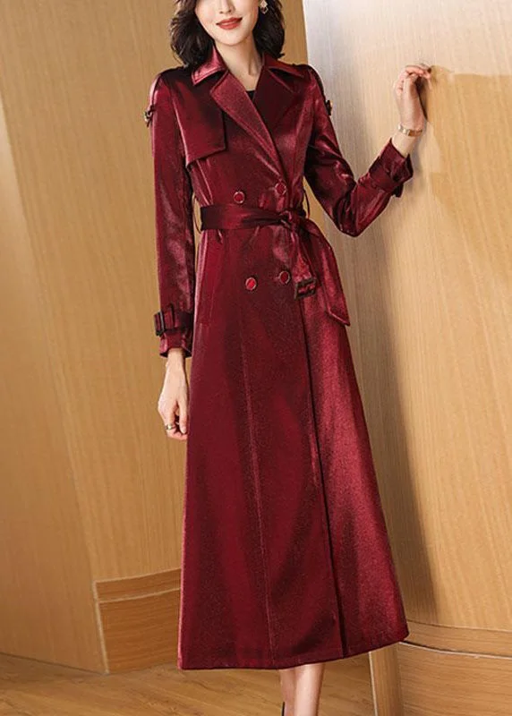 Women's Coats with Fur Trimmed ButtonsClassy Wine Red Pockets Tie Waist Cotton Long Trench Coats Fall