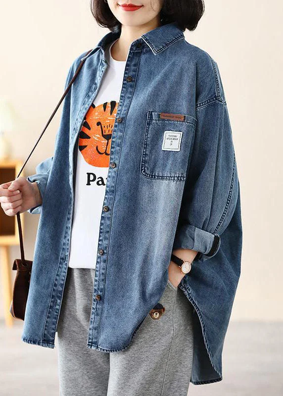 Women's Coats with Fur Trimmed ZipperCasual Blue Peter Pan Collar Oversized Applique Cotton Denim Coat Spring