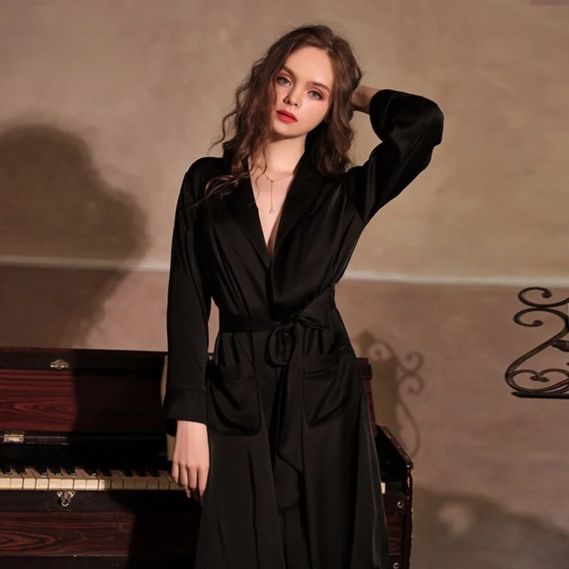 women's pajamas with drawstring waistSatin Robe Female Intimate Lingerie Sleepwear Deep V Silk Evening Gowns for Women Kimono Bathrobe Gown Nightgown Sexy Nightwear