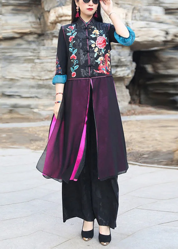 Women's Coats with BeltChinese Style Black Embroideried Side Open Patchwork Silk Long Waistcoat Sleeveless